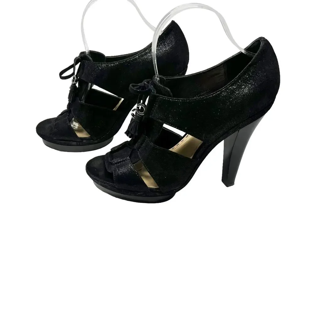 Coach Teagan Shimmer Leather Heeled Sandal Black Lace Up Size 10